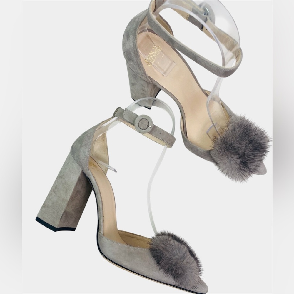 Frances Valentine d’Orsay Pump Gray Block Heel Fur Size 6B